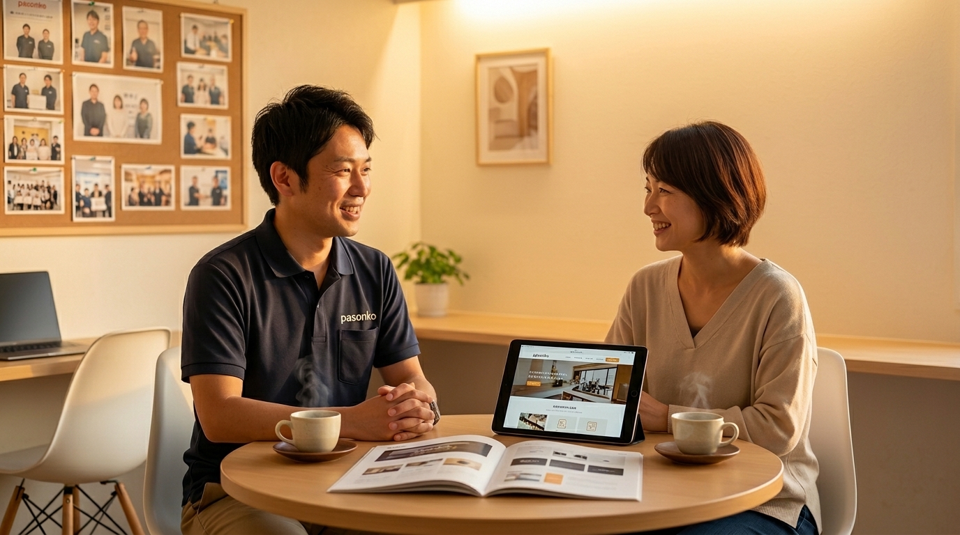 北海道旭川市のイオンモール旭川駅前にあるパソコン教室pasonkoで、地元のパソコンの先生が長期的にサポートしている様子